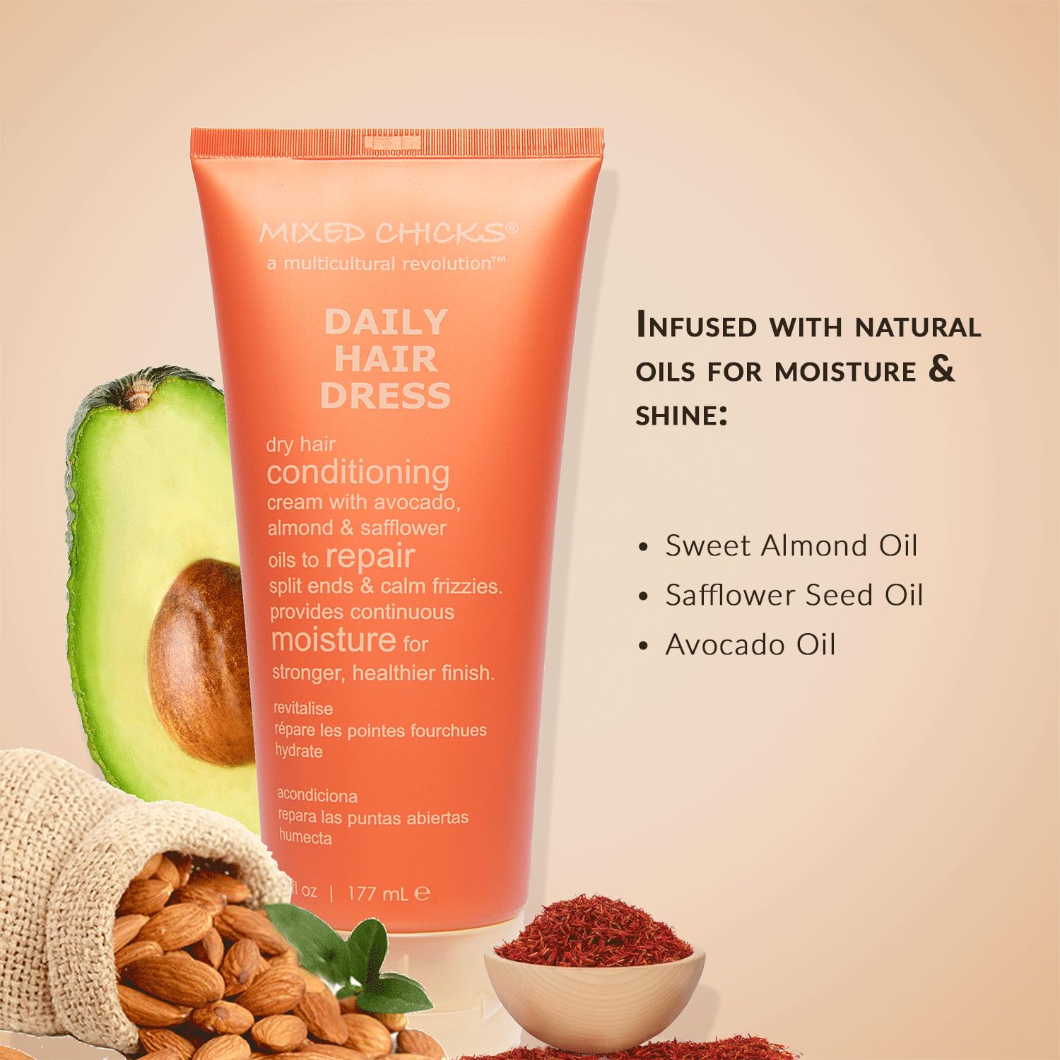 Mixed Chicks Daily Hair Dress bottle with almond, safflower, avocado oils for nourishment
