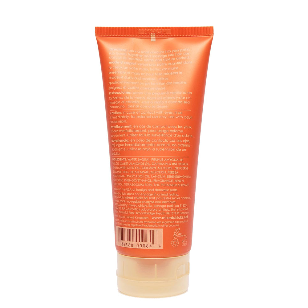 Mixed Chicks Daily Hair Dress packaging back lists oils and warranty for authorized retailers