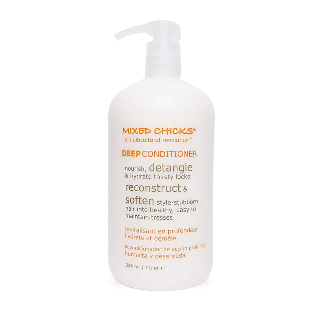 Mixed Chicks detangling deep conditioner bottle pour aids smooth detangling and hydration.