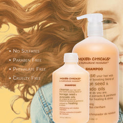 Mixed Chicks Gentle Clarifying Shampoo dispenser shot emphasizes controlled, gentle cleansing.