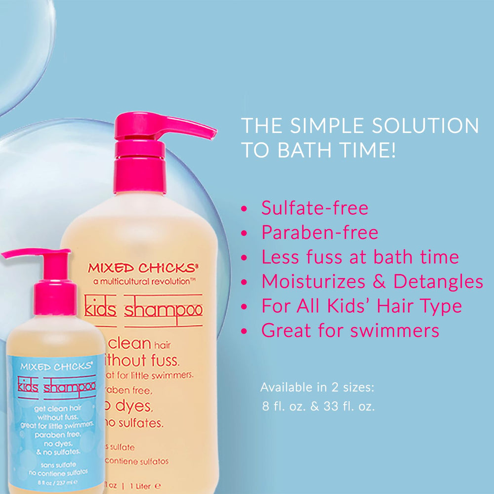 Mixed Chicks Gentle Kids Shampoo being poured demonstrates easy bath time use