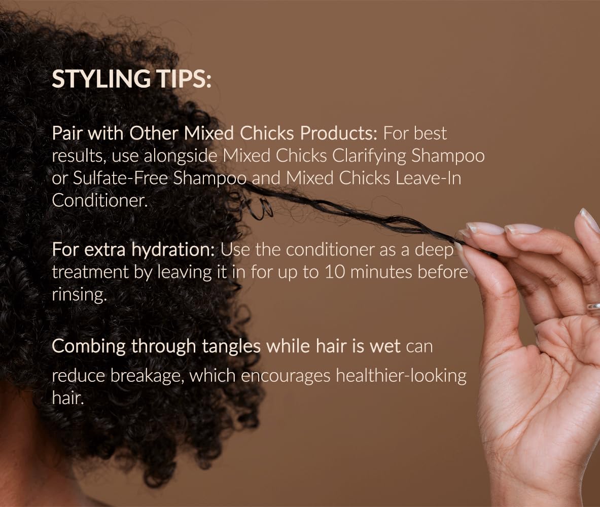 Mixed Chicks heat protection before styling image conveys guards against styling damage.