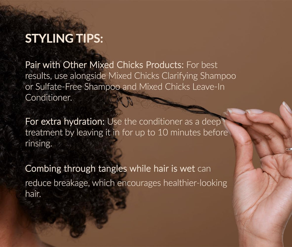 Mixed Chicks heat protection before styling image conveys guards against styling damage.