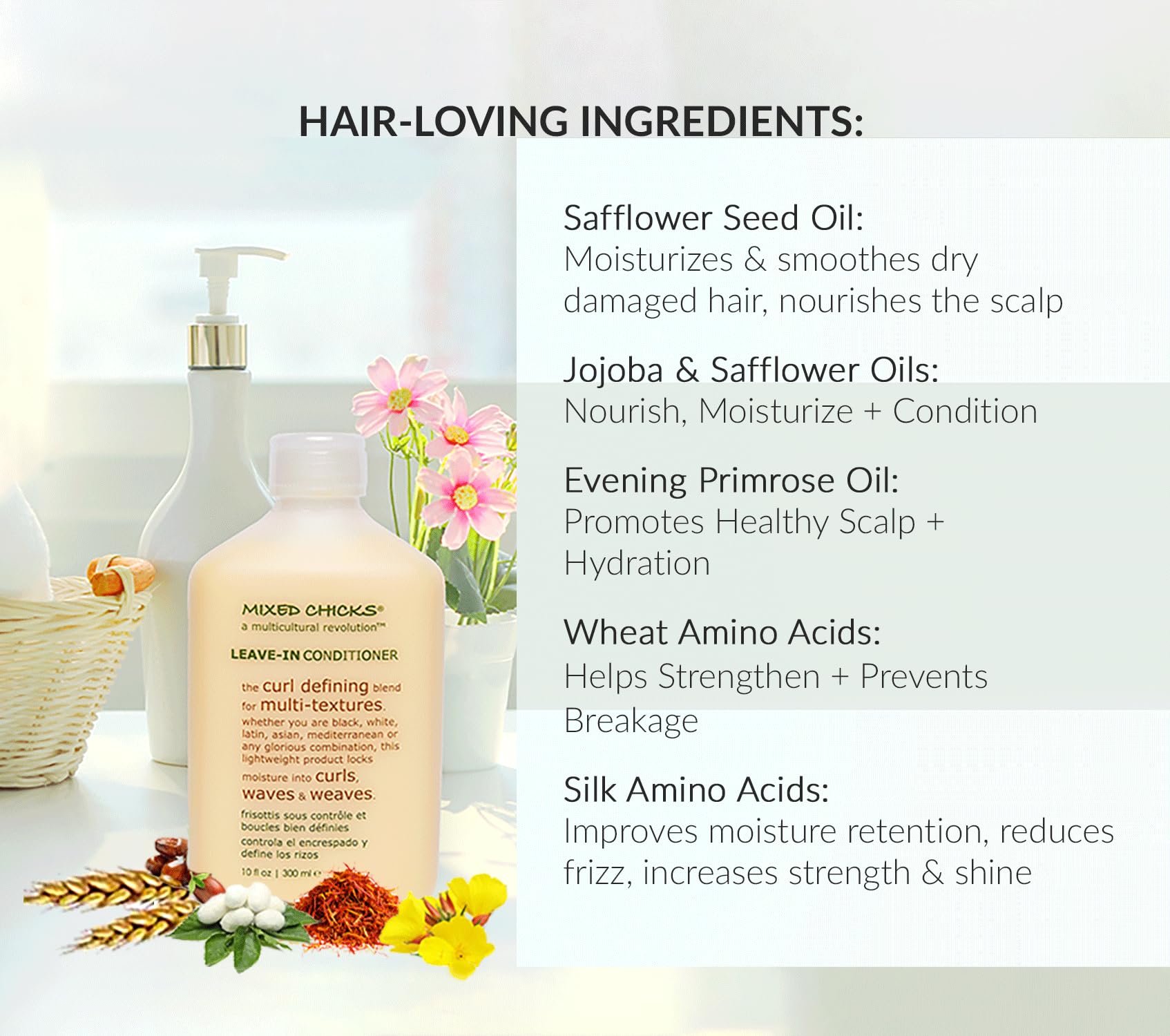 Mixed Chicks jojoba oil ingredient highlights nourishing properties and color support.