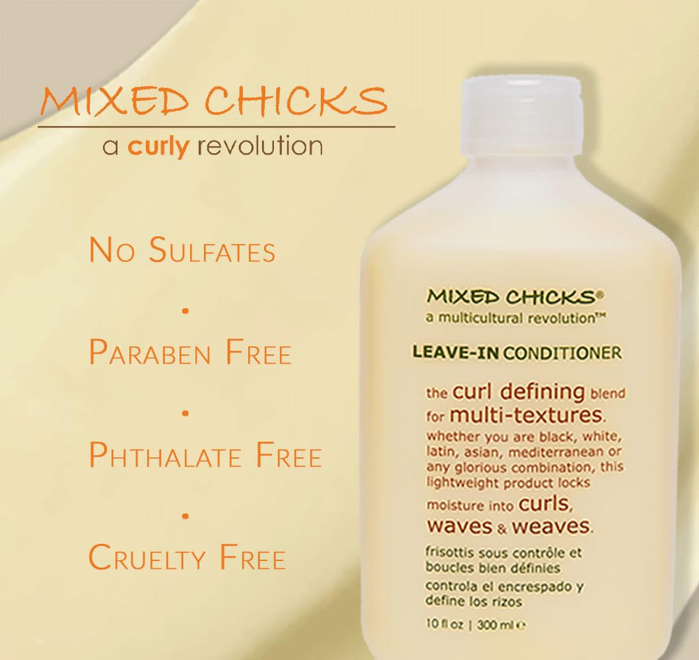 Mixed Chicks leave-in bottle featuring shine-enhancing properties for silky curls.