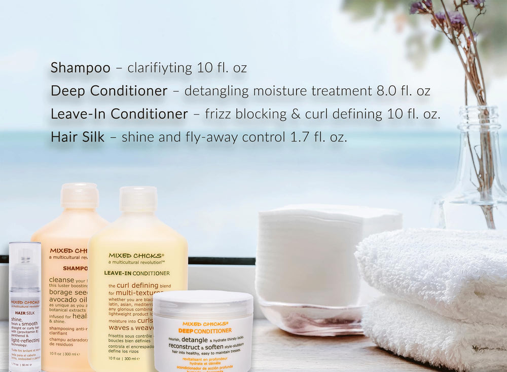 Mixed Chicks Quad Pack Deep Conditioner container highlighting detangling and moisture.