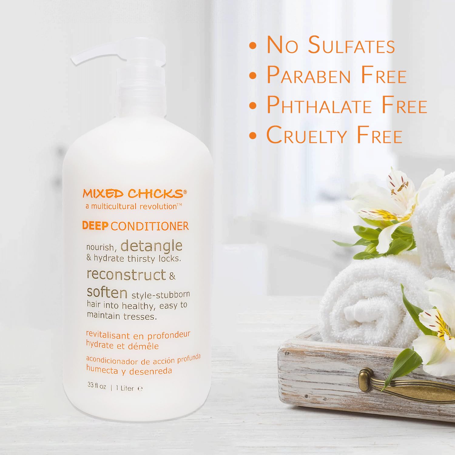 Mixed Chicks safflower oil conditioning blend bottle emphasizes nourishing repair and resilience.