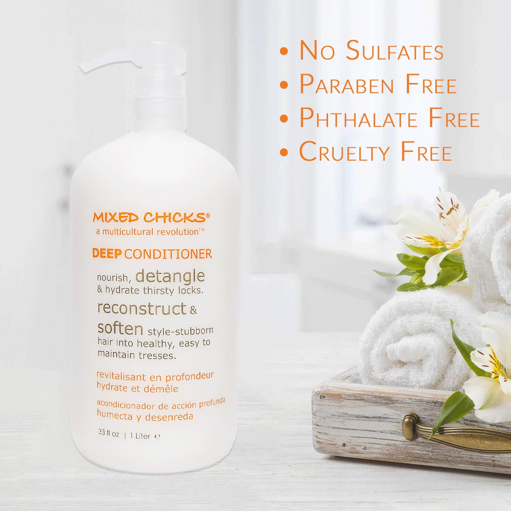 Mixed Chicks safflower oil conditioning blend bottle emphasizes nourishing repair and resilience.