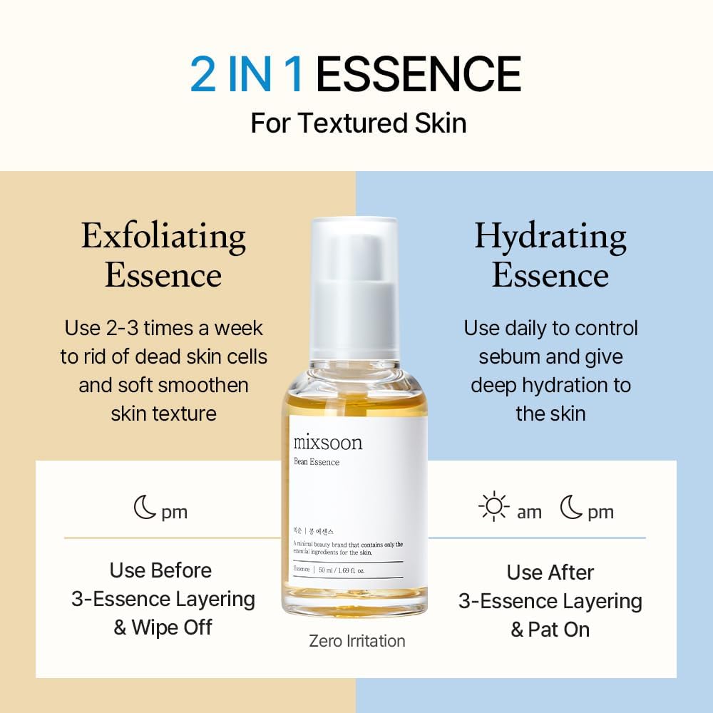 mixsoon Bean Essence ingredients featuring barley, pomegranate, and pear for nourishing texture.