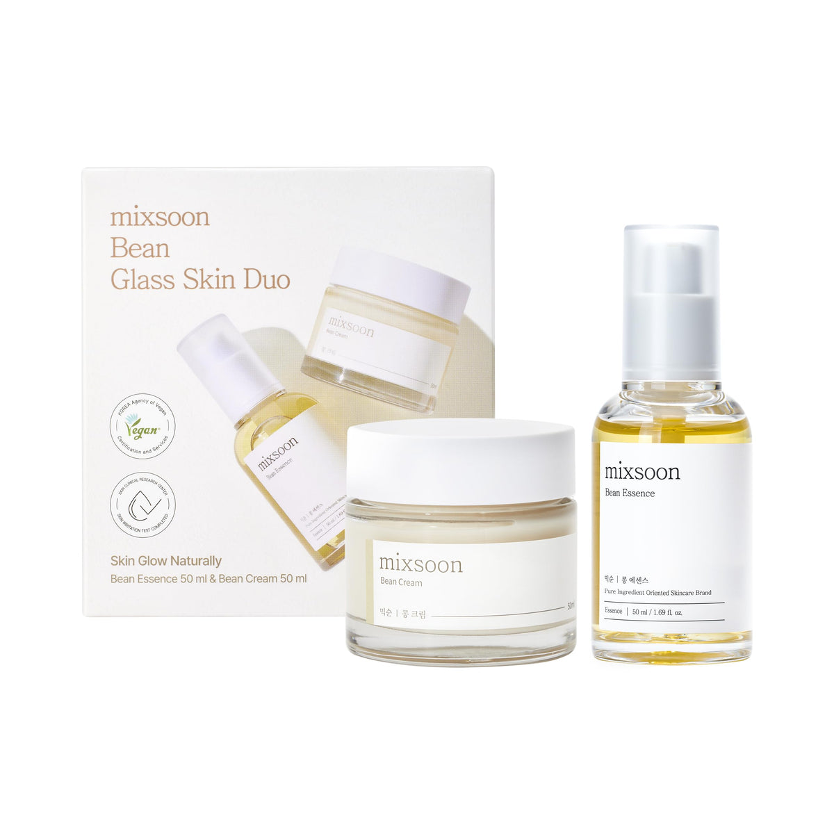Mixsoon Bean Essence bottle promoting dewy, glass-skin glow with gentle hydration