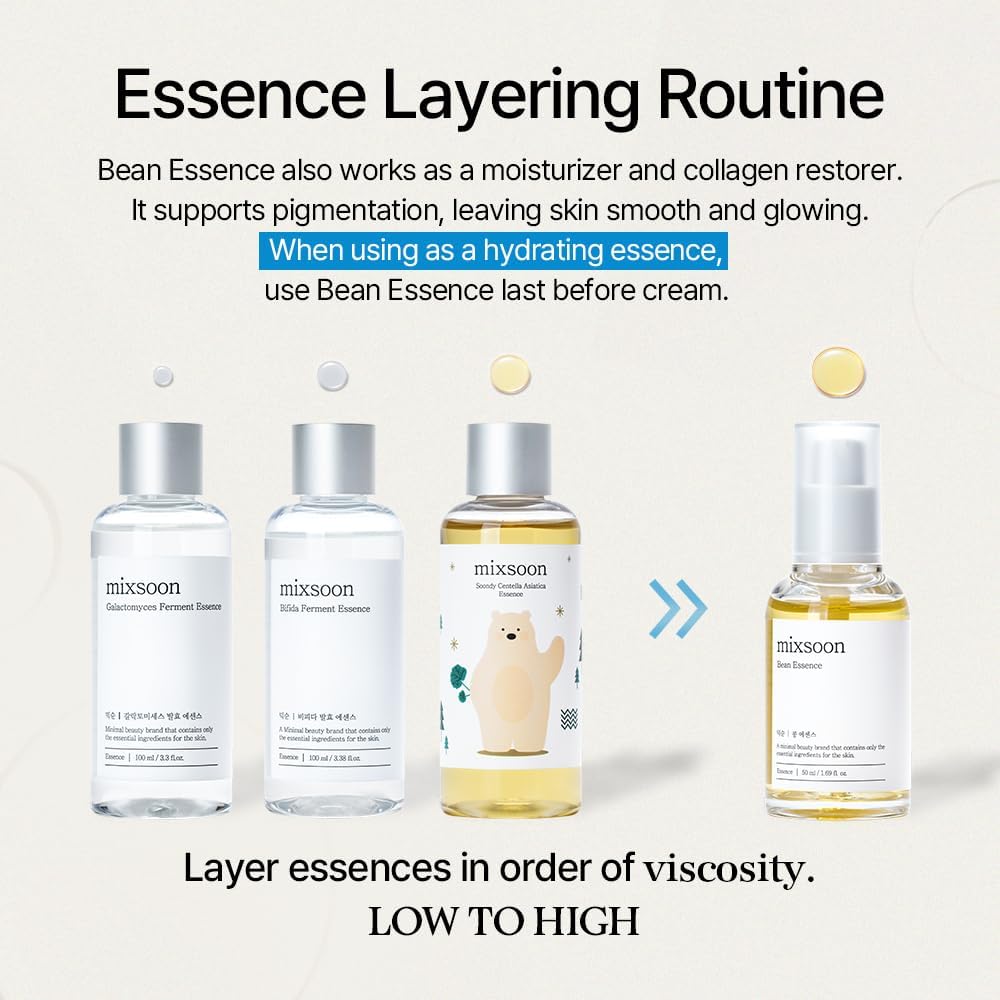 mixsoon Bean Essence bottle shows alcohol-free and fragrance-free formula.