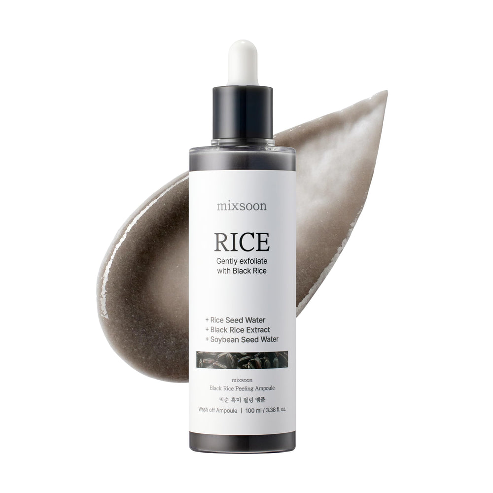 Mixsoon Black Rice Peeling Ampoule bottle shows premium glass packaging for radiant skin routines.