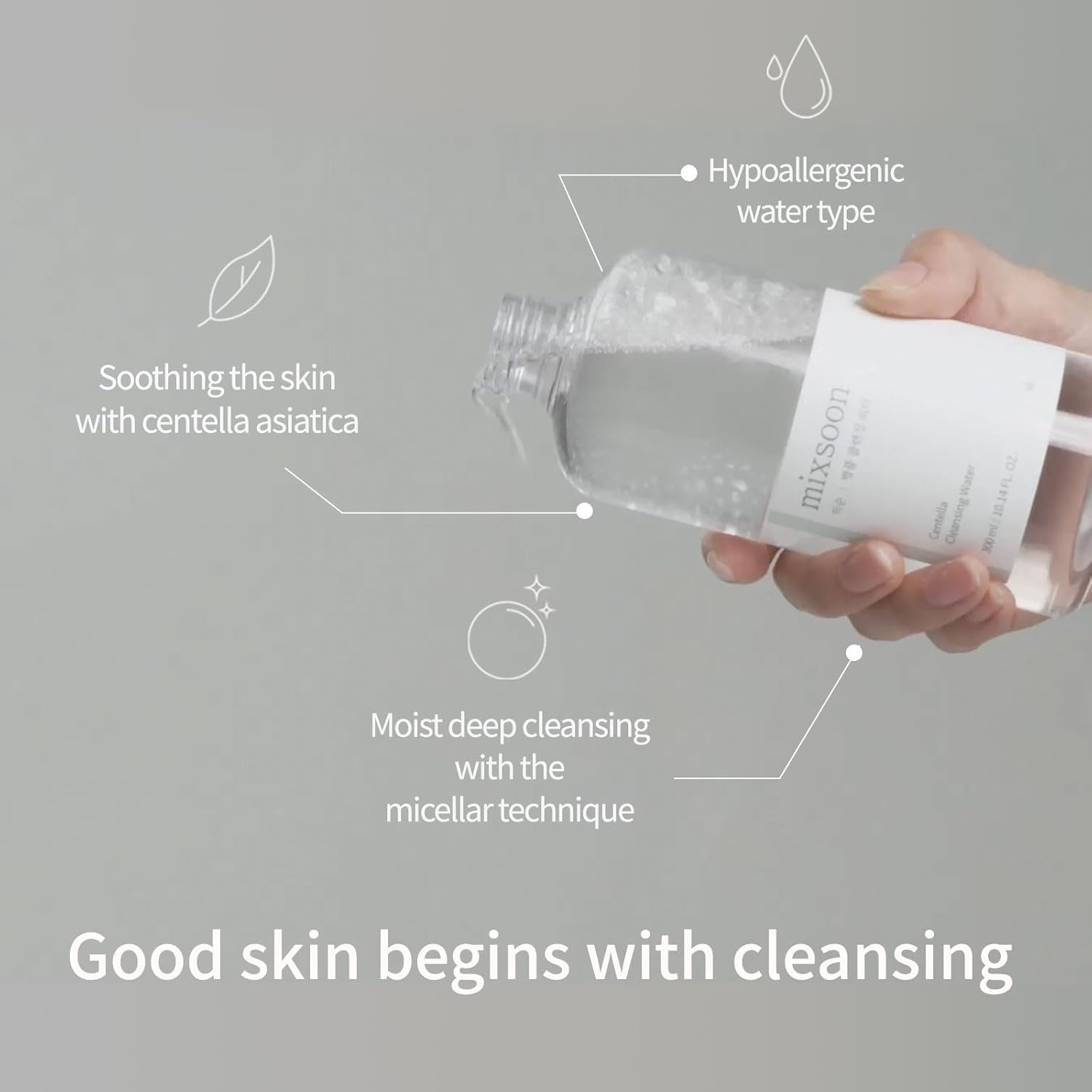 Mixsoon Centella Cleansing Water ingredients graphic emphasizing vegan, clean formula