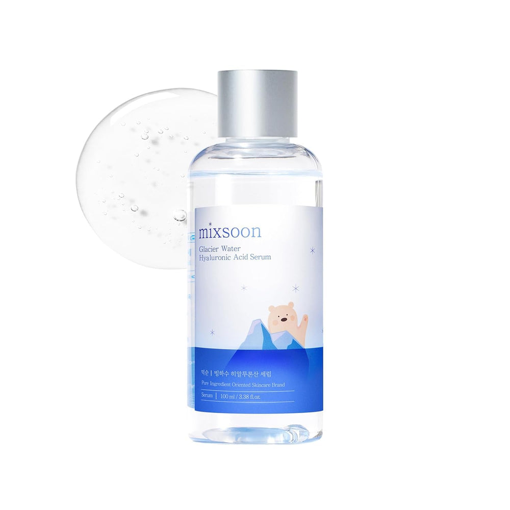 mixsoon Glacier Water Serum bottle demonstrates cooling hydration for refreshed skin