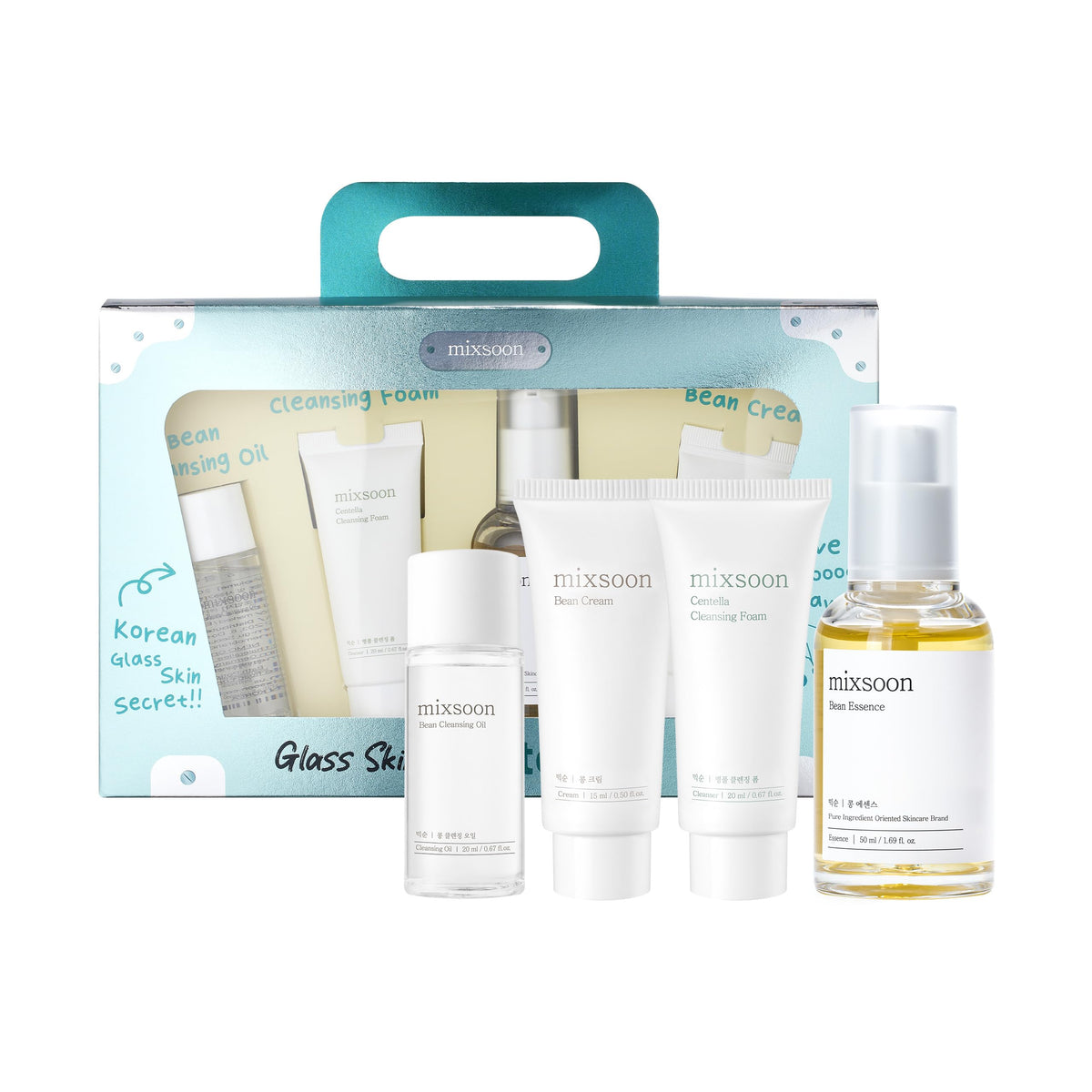 mixsoon glass-skin-set packaging shows travel-friendly starter kit for routines.