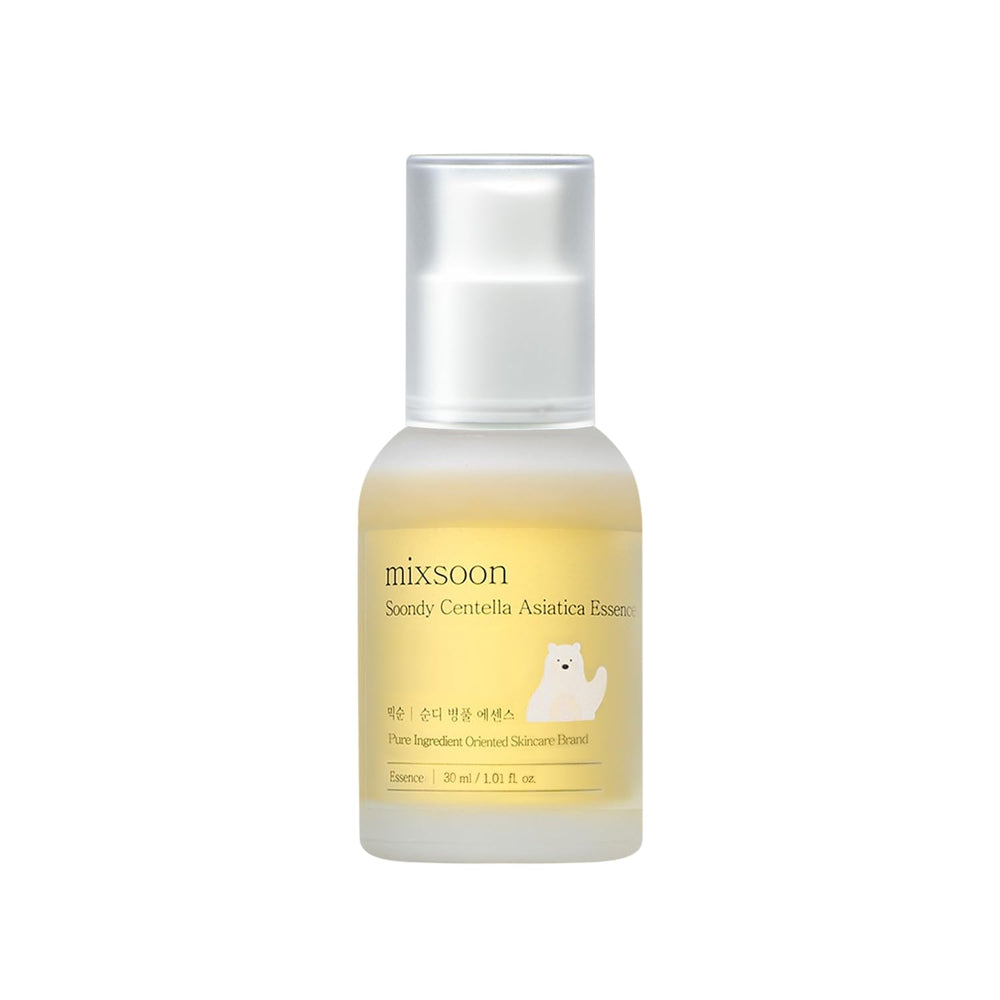 mixsoon Soondy essence bottle closeup—calming hydration for daily skincare.