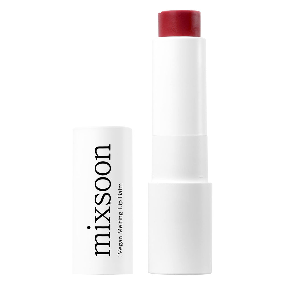 Mixsoon vegan melting lip balm dry rose packaging shows compact, travel-friendly lip care.
