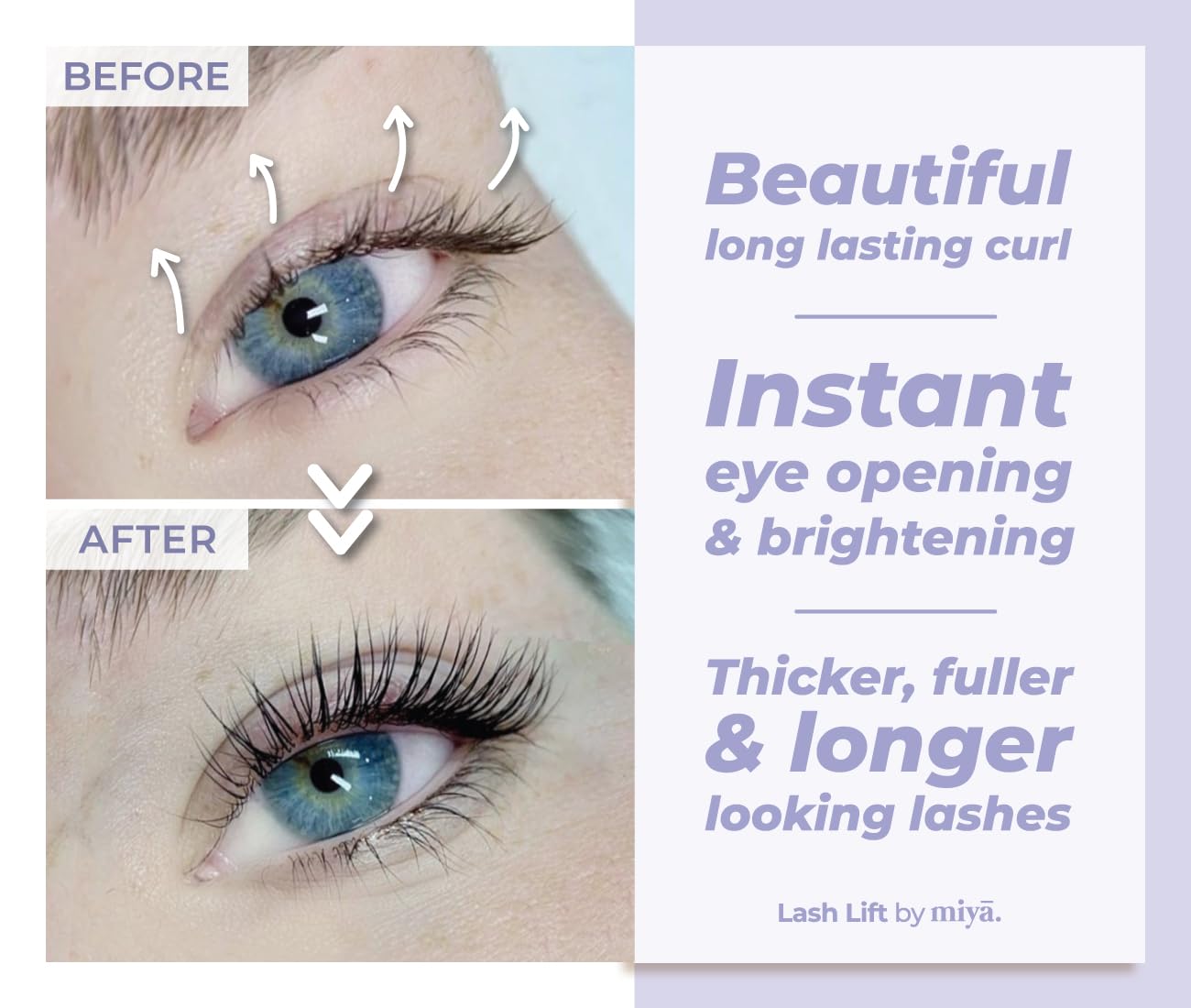 MIYA LASH setting lotion demonstrates durable lift to maintain curled lashes and defined brows.