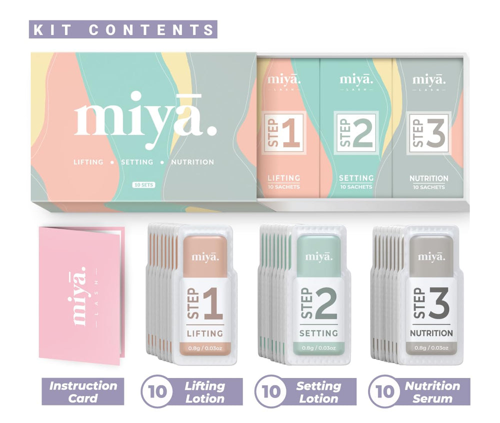 MIYA LASH 2in1 lotion sachet refill packaging highlights convenient salon-ready tubes.