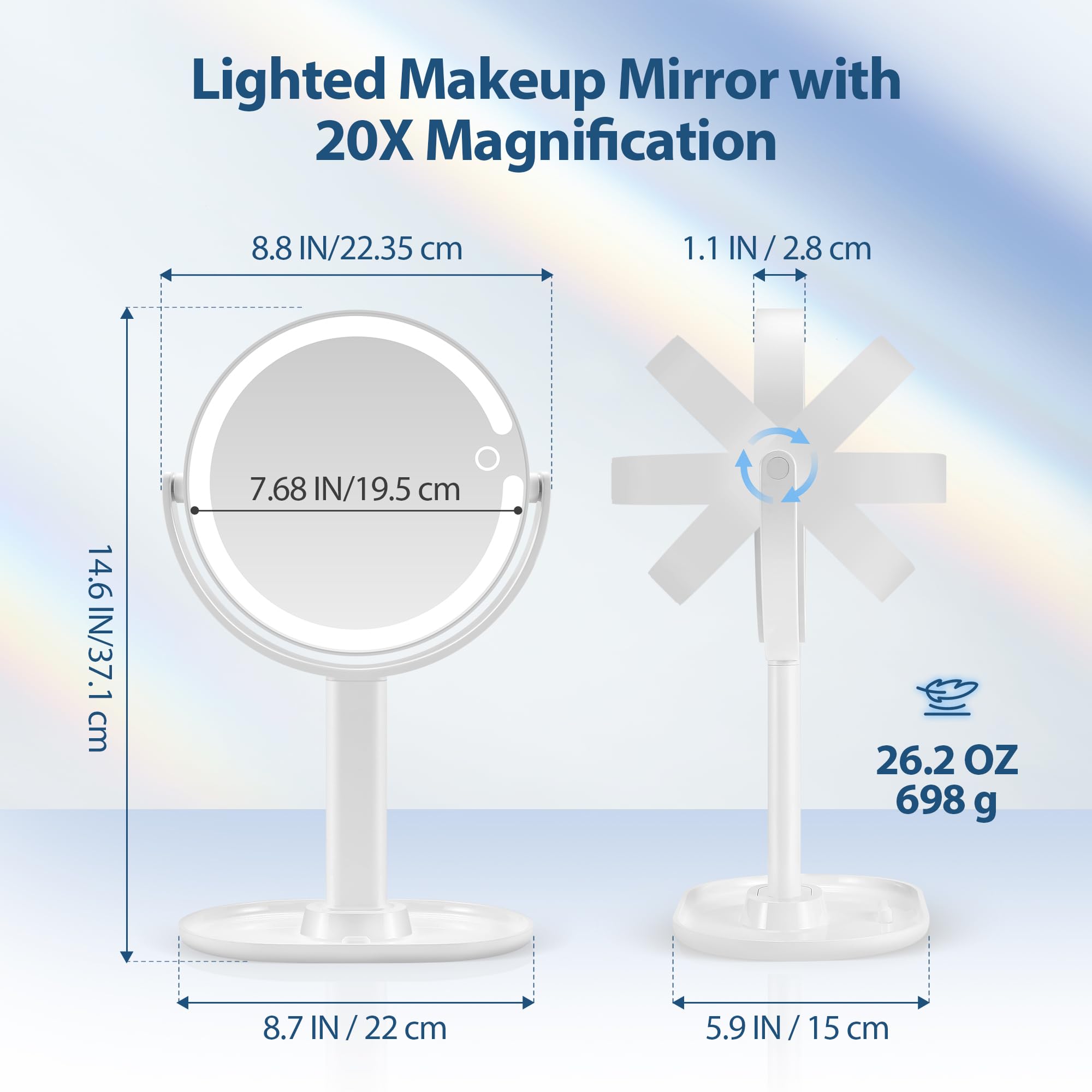 MIYADIVA lighted makeup mirror 2000mAh battery for cordless use.