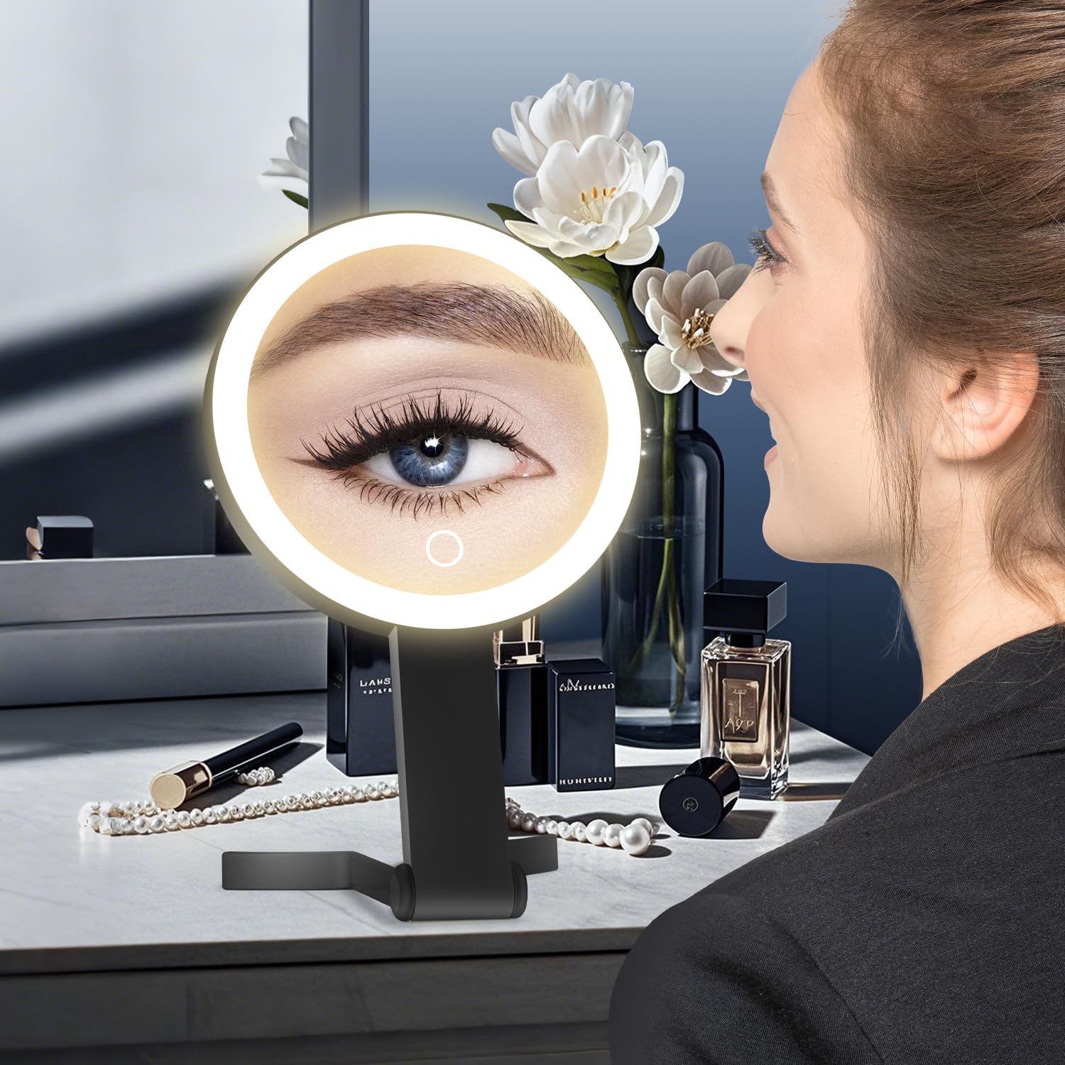 MIYADIVA lighted makeup mirror side view highlighting close-up detail for makeup accuracy