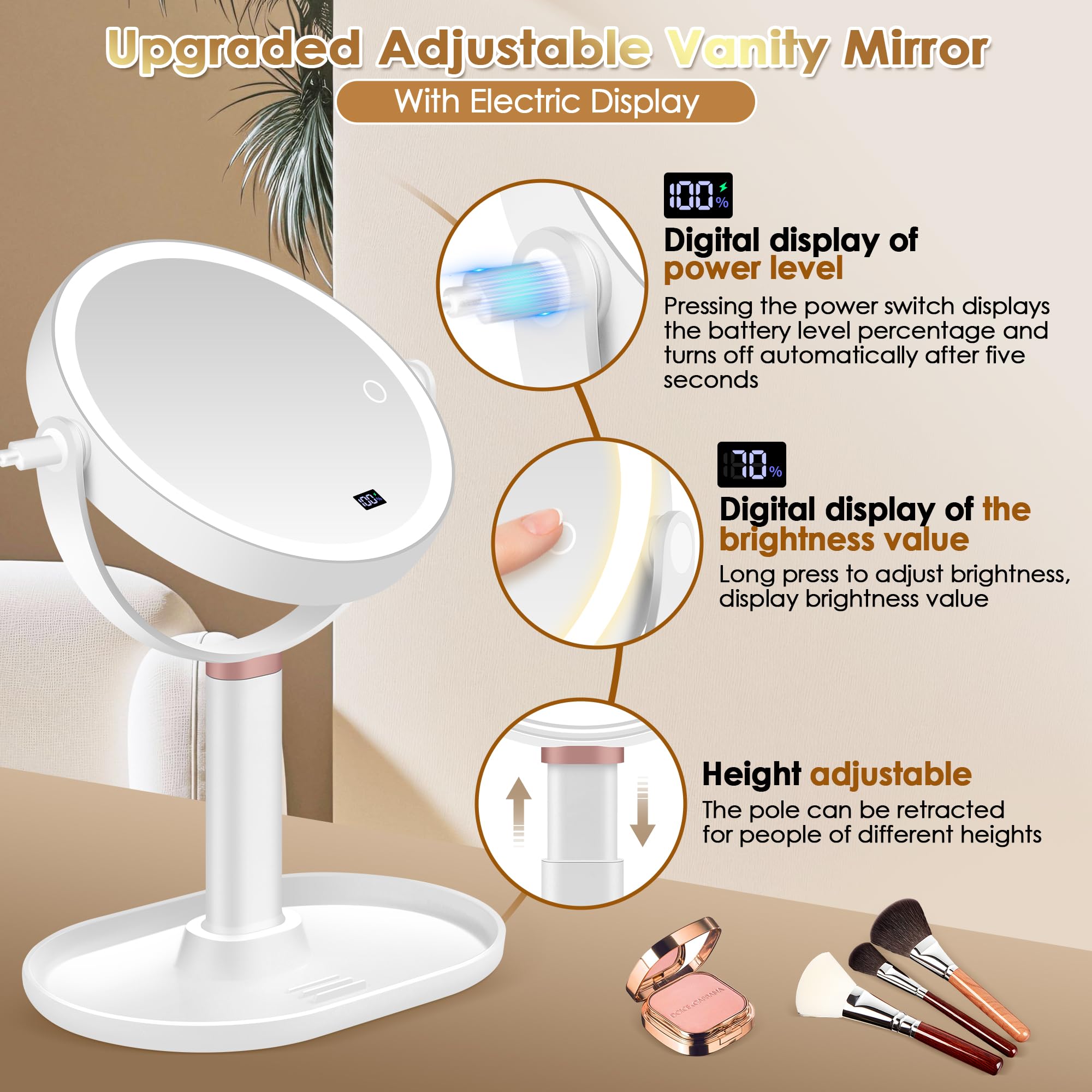 MIYADIVA makeup mirror height adjustable for comfortable vanity setup.