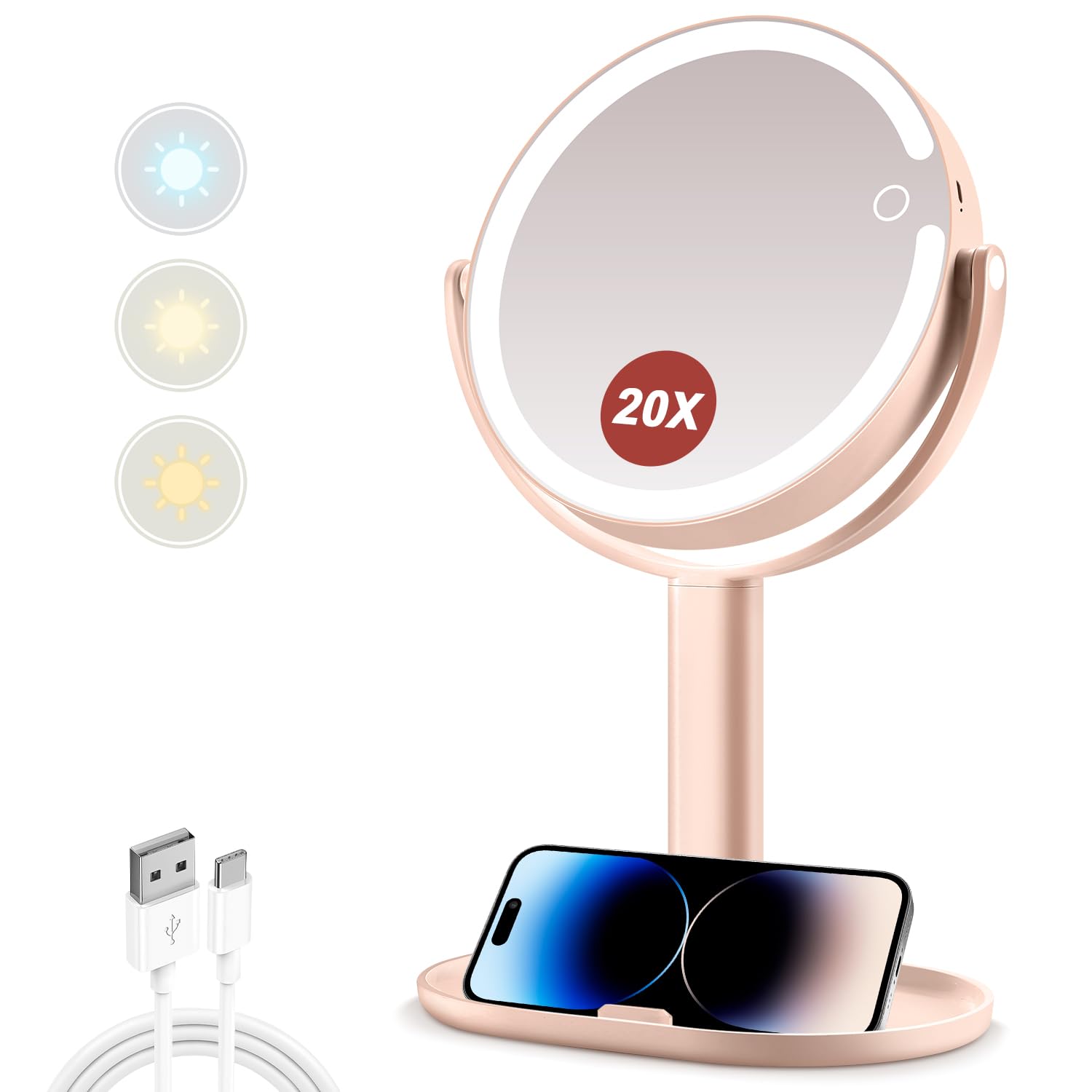 MIYADIVA makeup mirror with lights dual-side view enables easy 1x and 20x makeup tasks