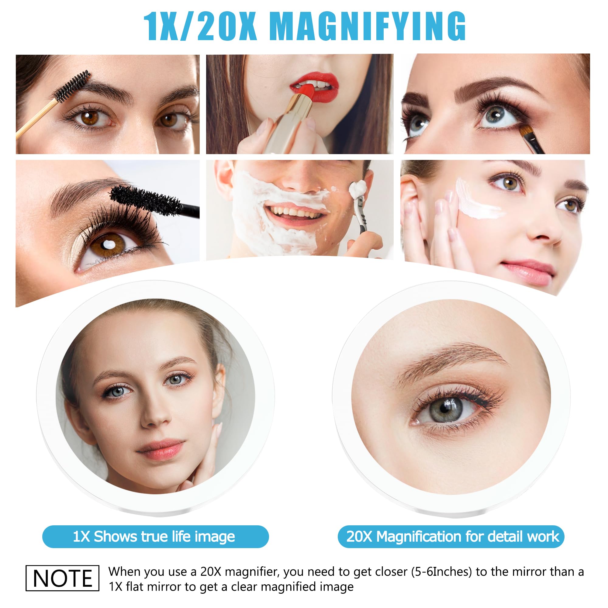 MIYADIVA travel magnifying mirror shows 1X and 20X views for on-the-go grooming