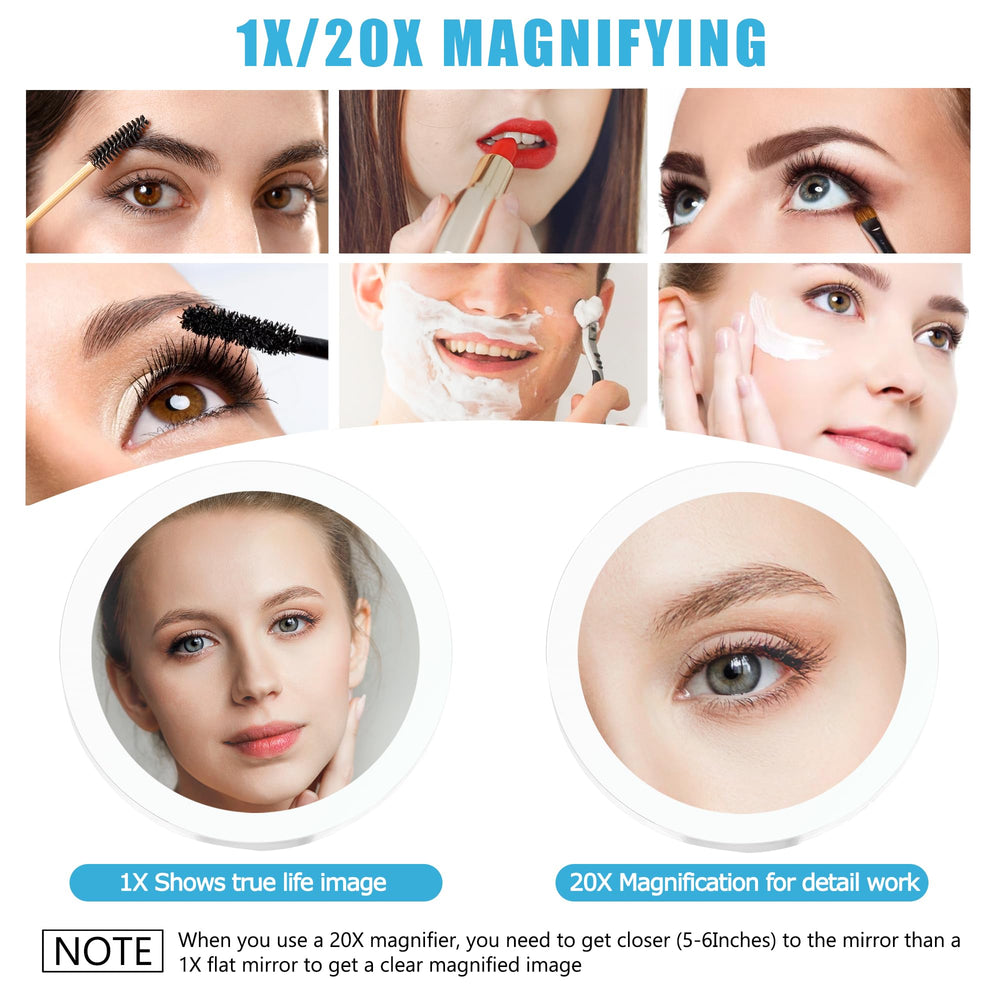 MIYADIVA travel magnifying mirror shows 1X and 20X views for on-the-go grooming