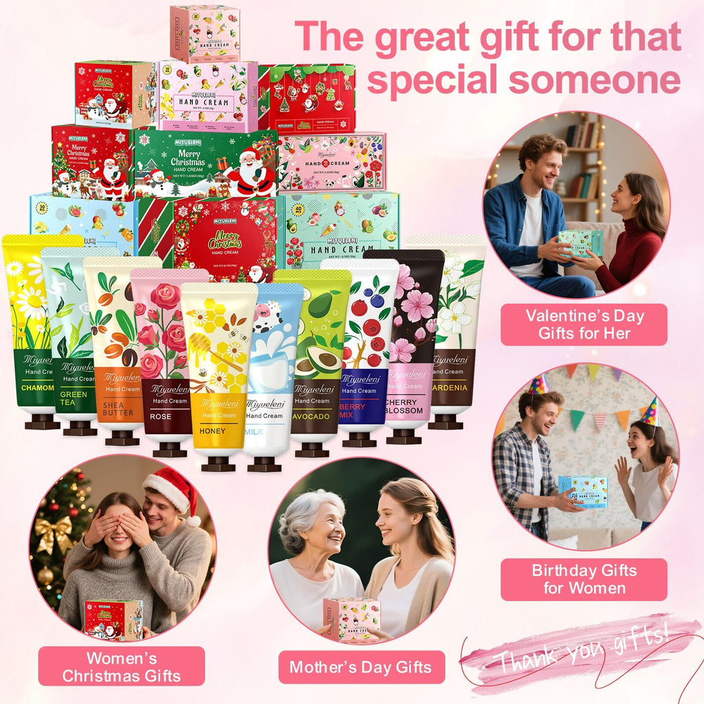 MIYUELENI hand cream variety scents display featuring cherry blossom and green tea