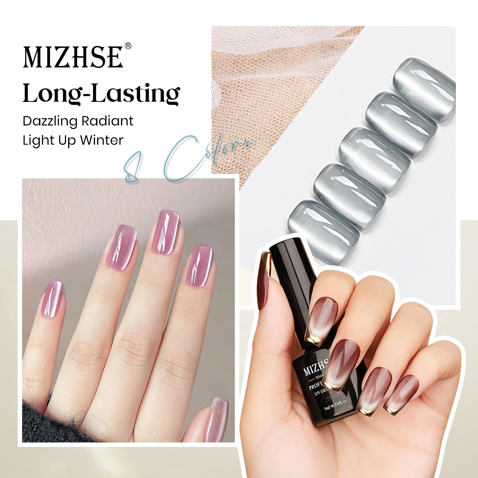 MIZHSE base-and-top-coat included for complete at-home manicure.