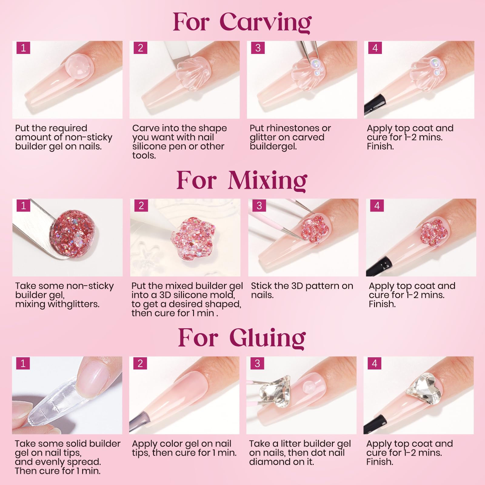 MIZHSE application tips illustrate base and top coat steps plus UV/LED curing.