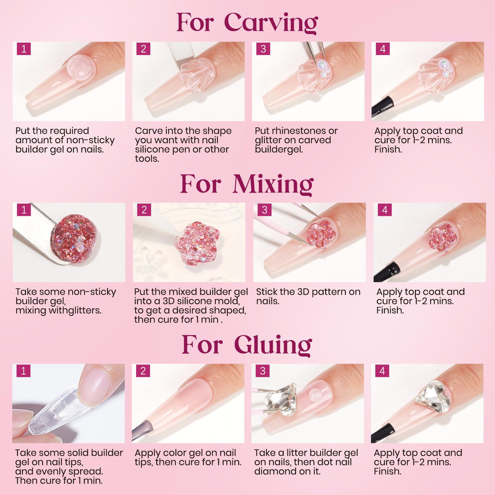 MIZHSE application tips illustrate base and top coat steps plus UV/LED curing.