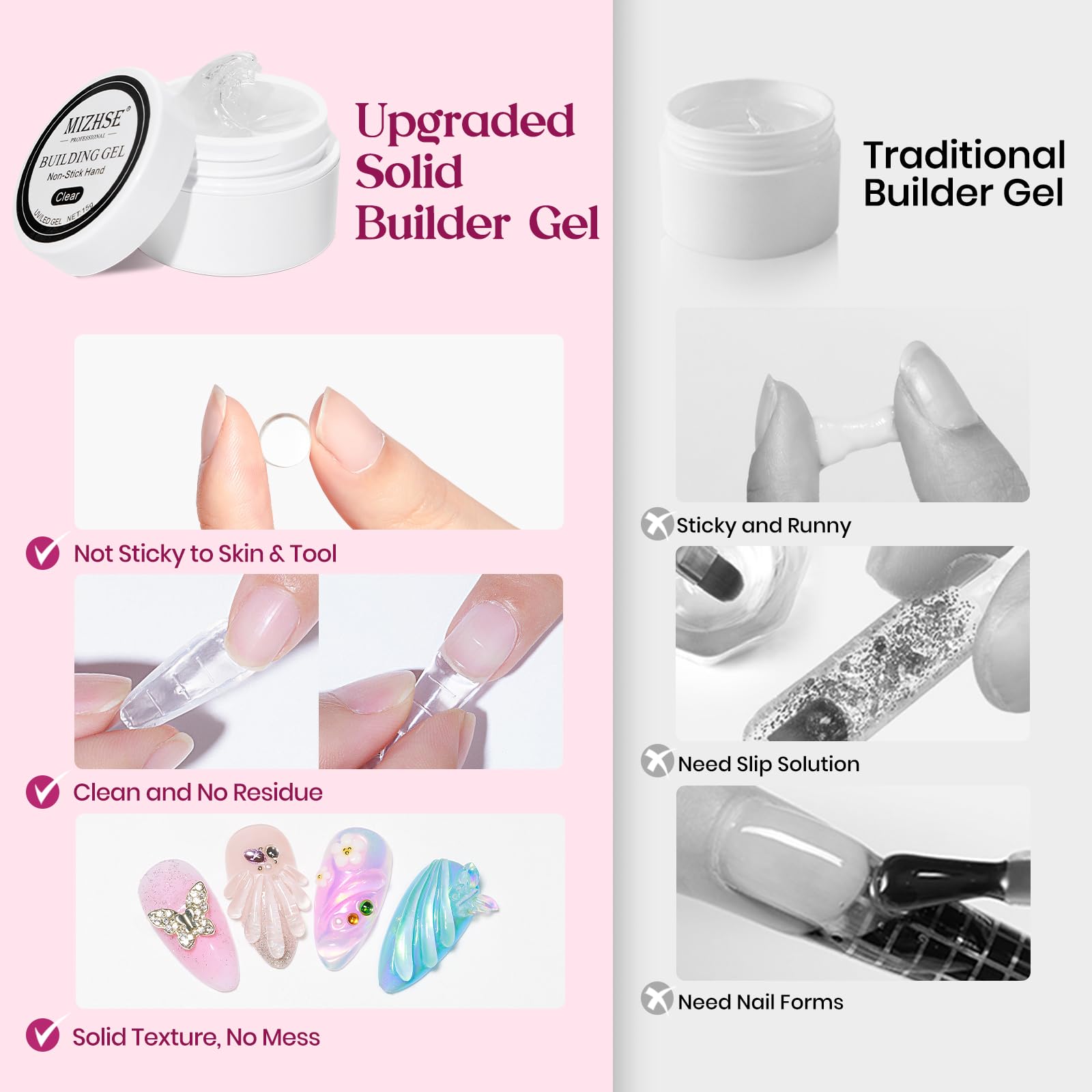 MIZHSE extension demo displays gel-driven nail extensions and sculpting.