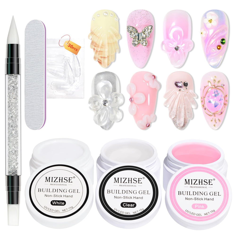MIZHSE Solid Builder Gel packaging showcases three colors and tools for convenient home nail extensions.