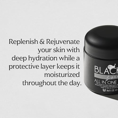 MIZON Black Snail All-In-One Cream label detail shows branding and safe formula.
