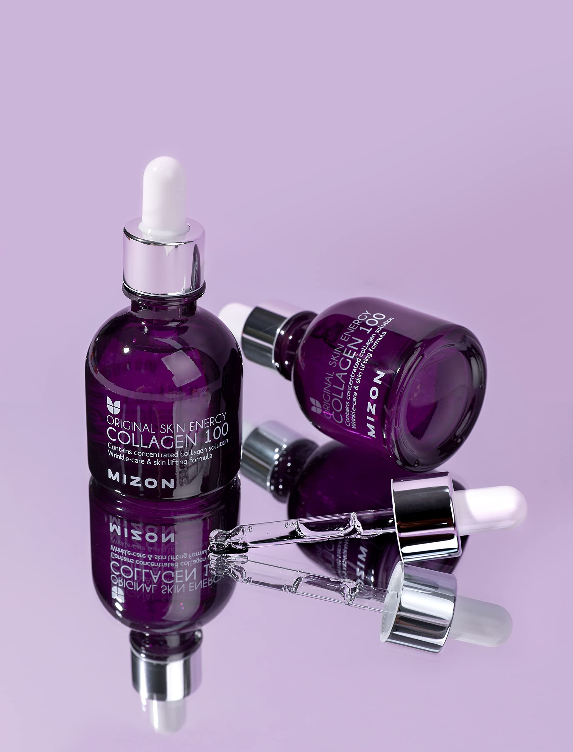MIZON Collagen 100 ingredients illustration highlighting peptides and Centella components.