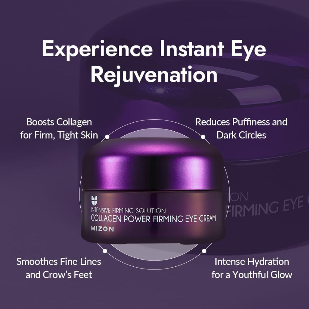 MIZON Collagen Power Firming Eye Cream application gesture conveys gentle daily use.