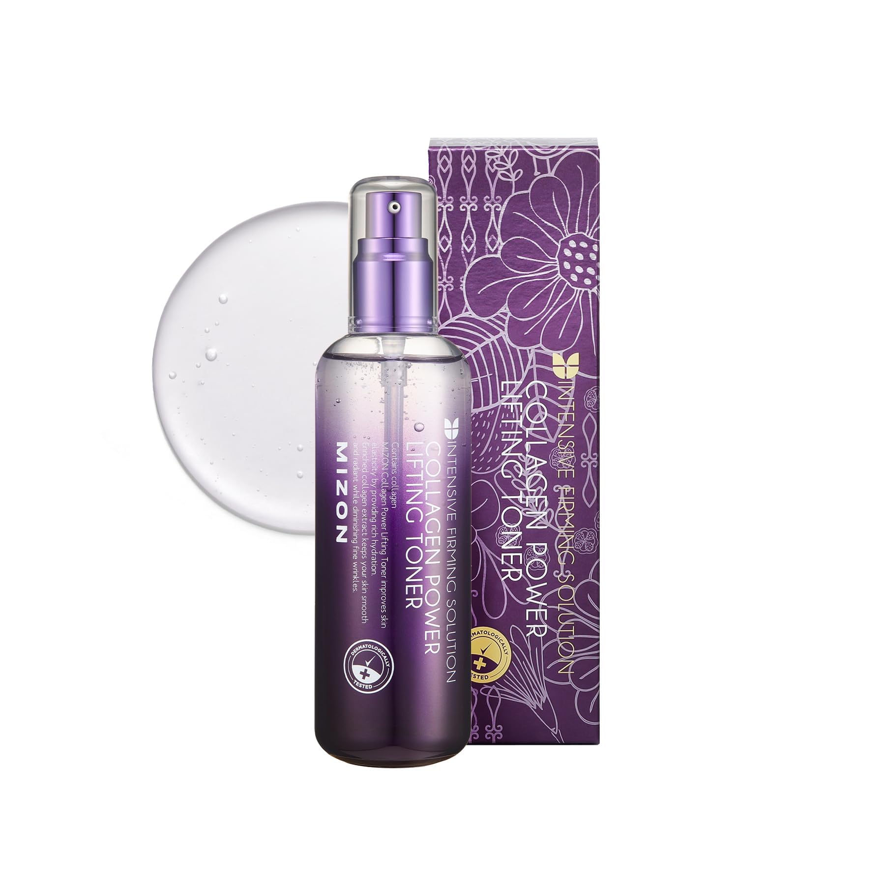 MIZON Collagen Power Lifting Toner bottle highlights hydrating lift for aging skin.
