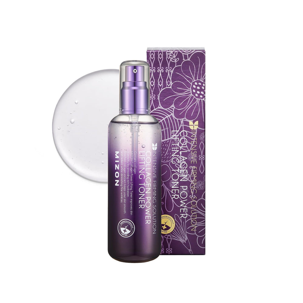 MIZON Collagen Power Lifting Toner bottle highlights hydrating lift for aging skin.