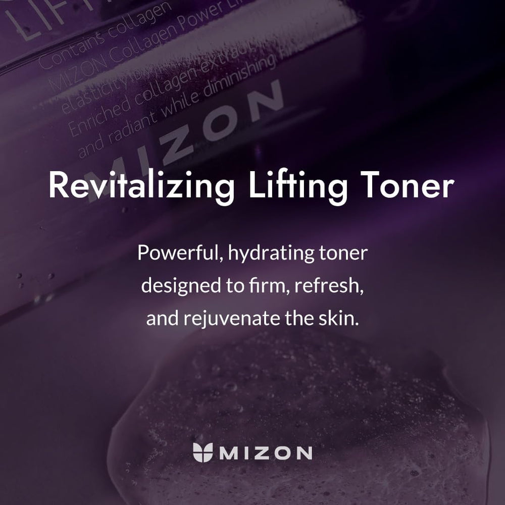 MIZON Collagen Power Lifting Toner packaging emphasizes anti-aging hydration in a refined skincare routine.