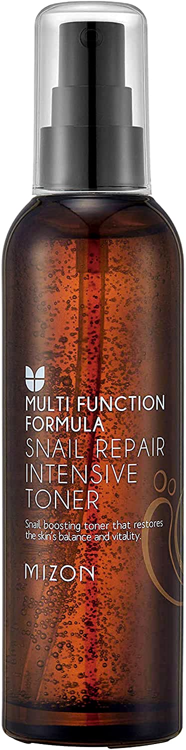 MIZON Snail Repair Intensive Toner applied to hand for smooth texture prep.