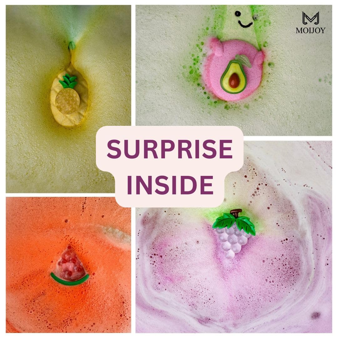 MJ Moijoy XL fruit bath bomb avocado showcases color and scent for kid-friendly baths