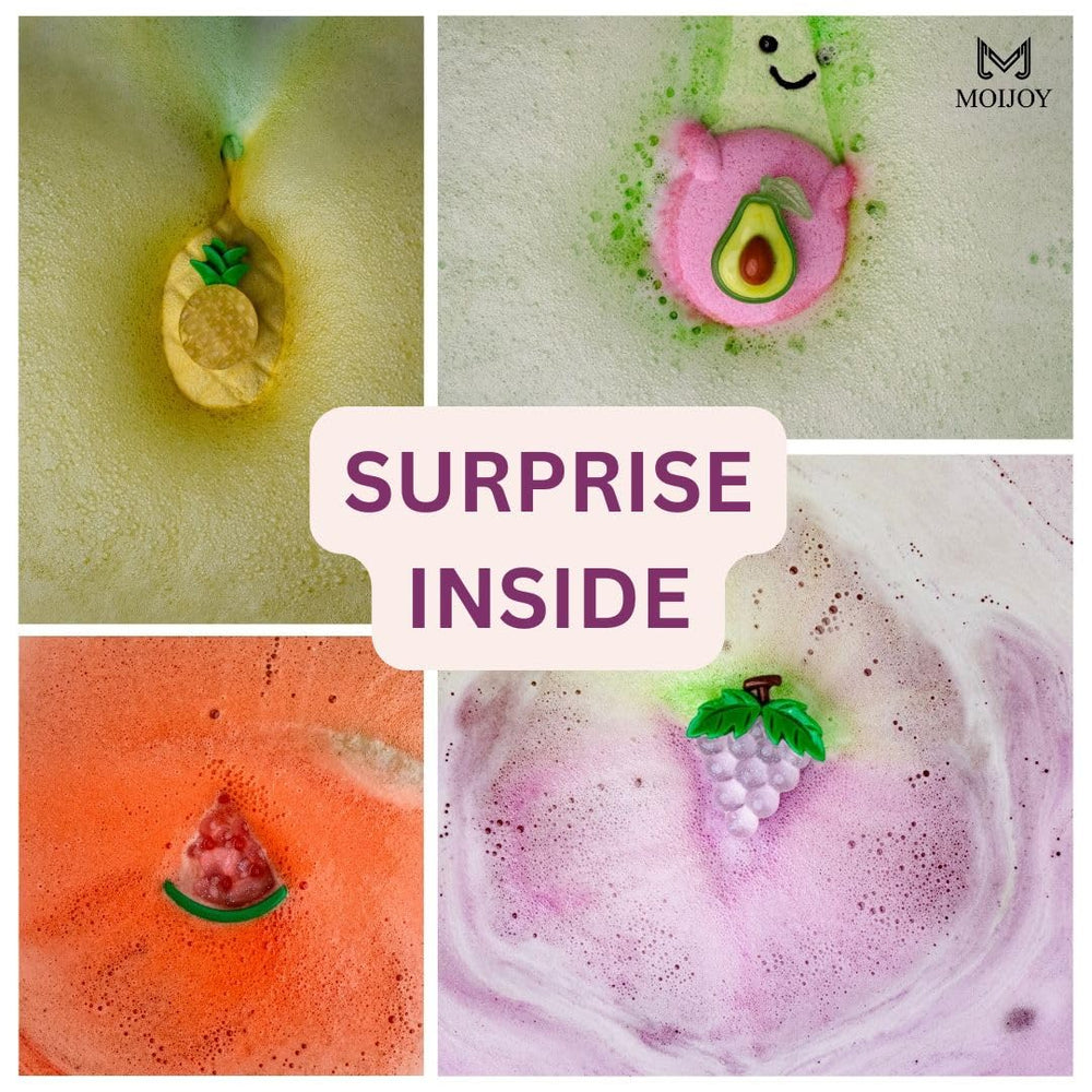 MJ Moijoy XL fruit bath bomb avocado showcases color and scent for kid-friendly baths