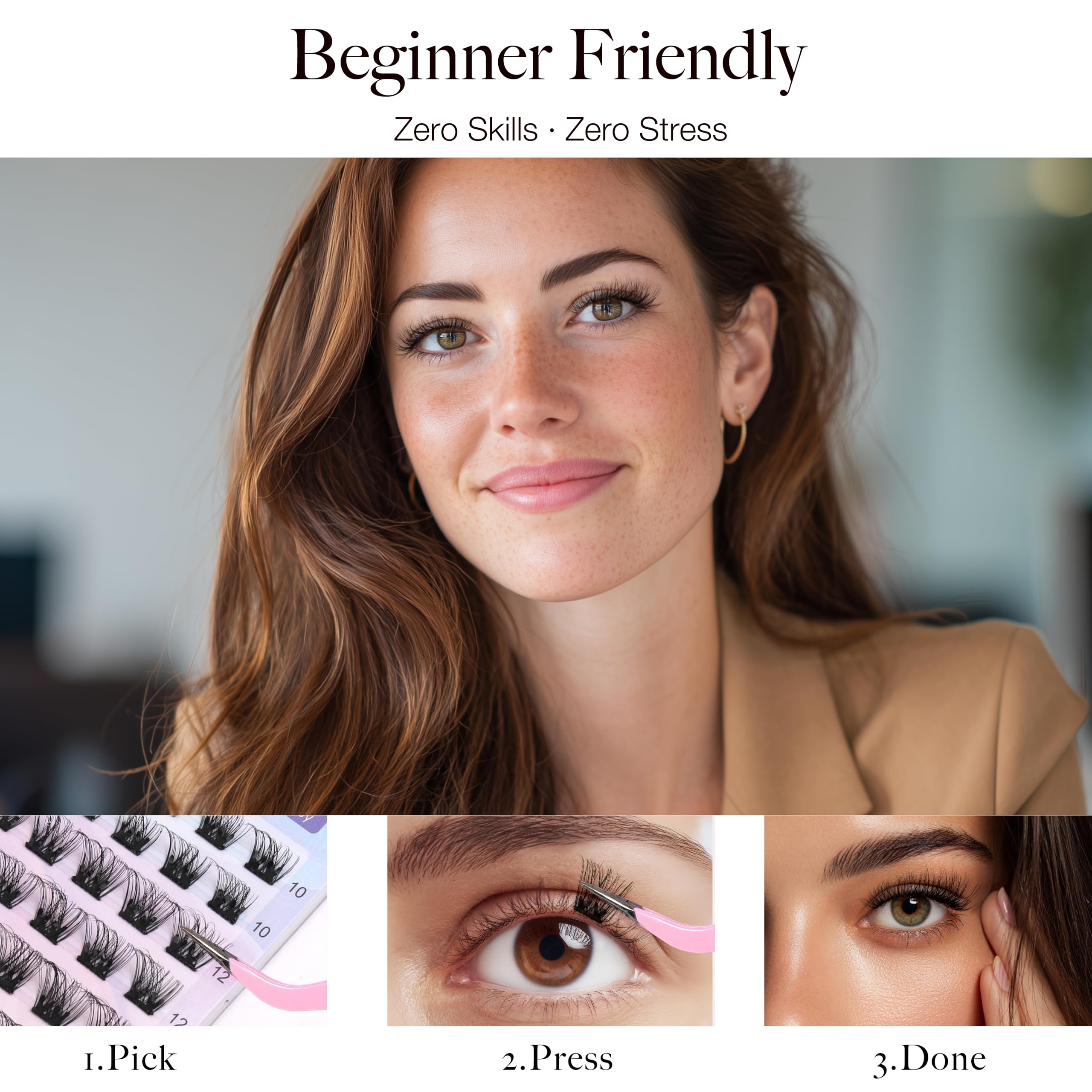 JoMay beginner-application demo highlights one-minute, glueless lash setup.