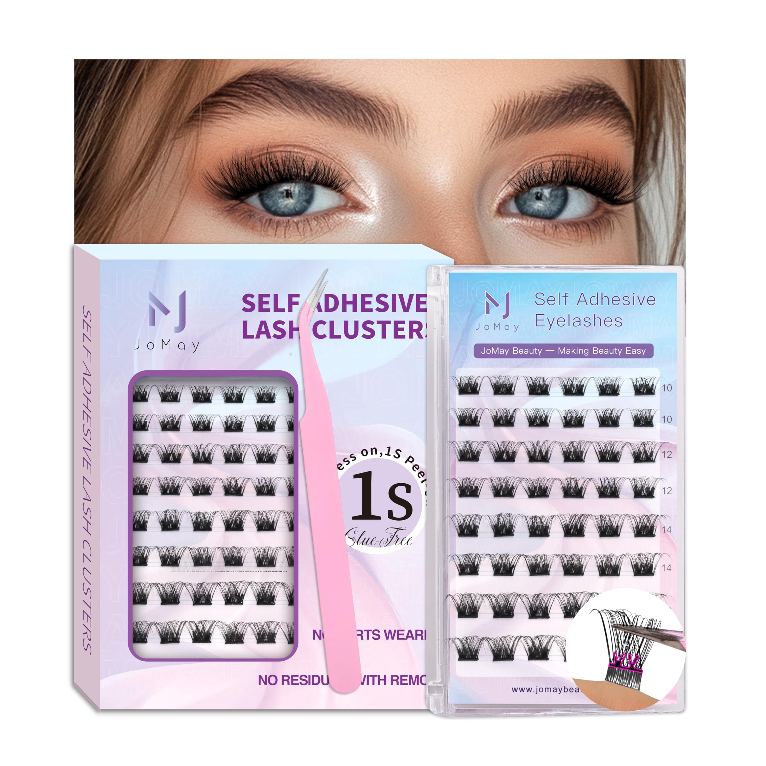 JoMay self-adhesive eyelashes packaging box for quick, mess-free application.