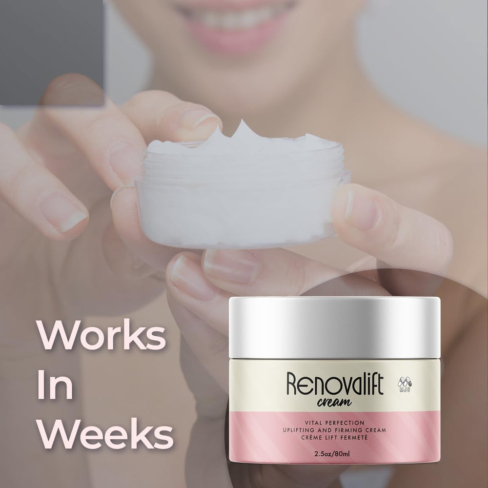 MJO Renovalift gentle formula beside bottles indicates broad skin-type compatibility