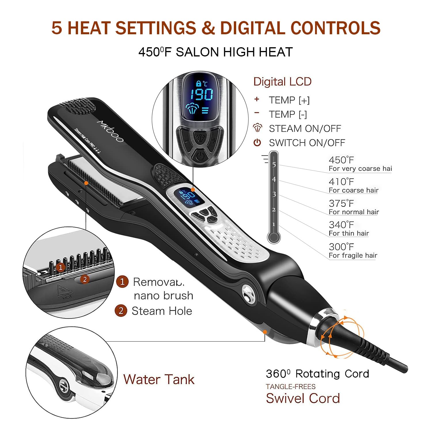 Safety features of MKBOO including auto-off and swivel cord for safe use