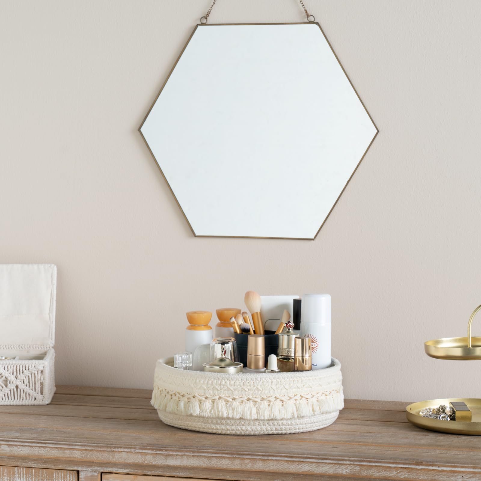 Mkono cosmetics storage basket dresser keeps essential items within reach for daily routines.