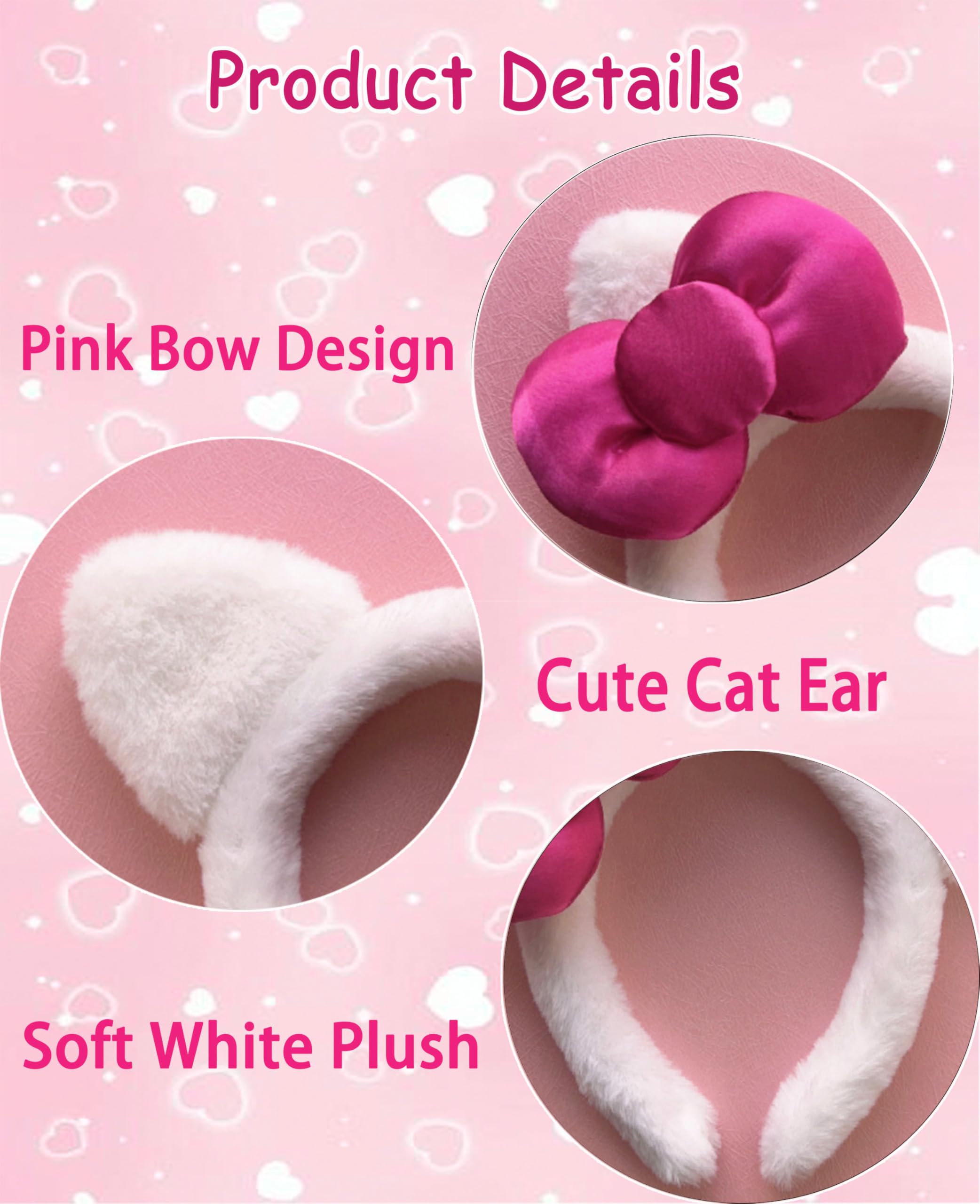 MKPEMEBR kitty headband closeup shows pink bow, ideal cosplay accessory.